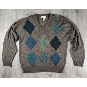 Vtg LL Bean Sweater Mens Large Tall Argyle Lambswool Scotland V-Neck Pullover *